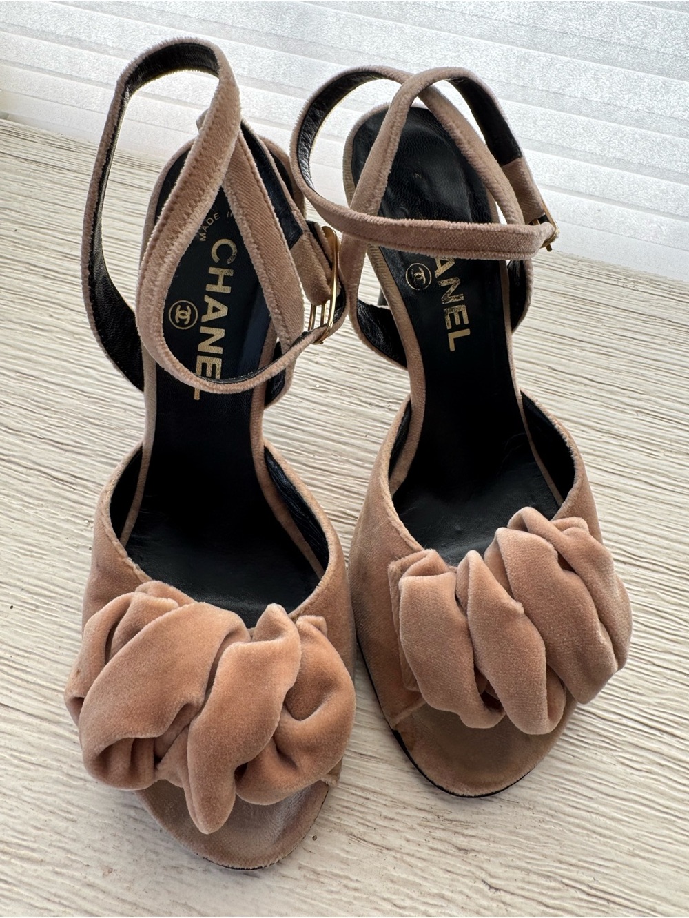 100% Authentic CHANEL Tan Velvet Knot Front Ankle-Strap Heels Size 37